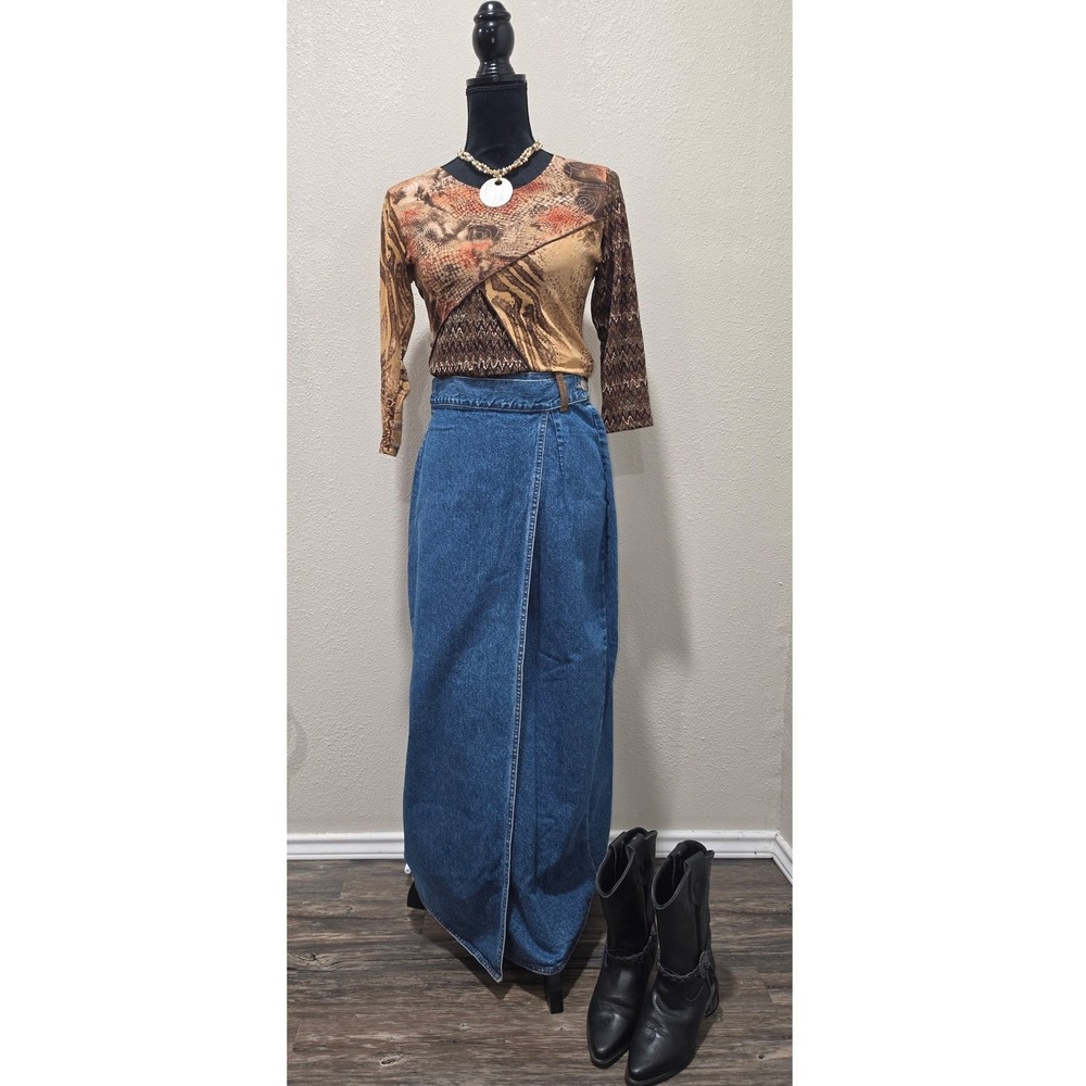 Vintage Calamity Jeans Denim Maxi Wrap Skirt Western Boho Festival Blue Size 8